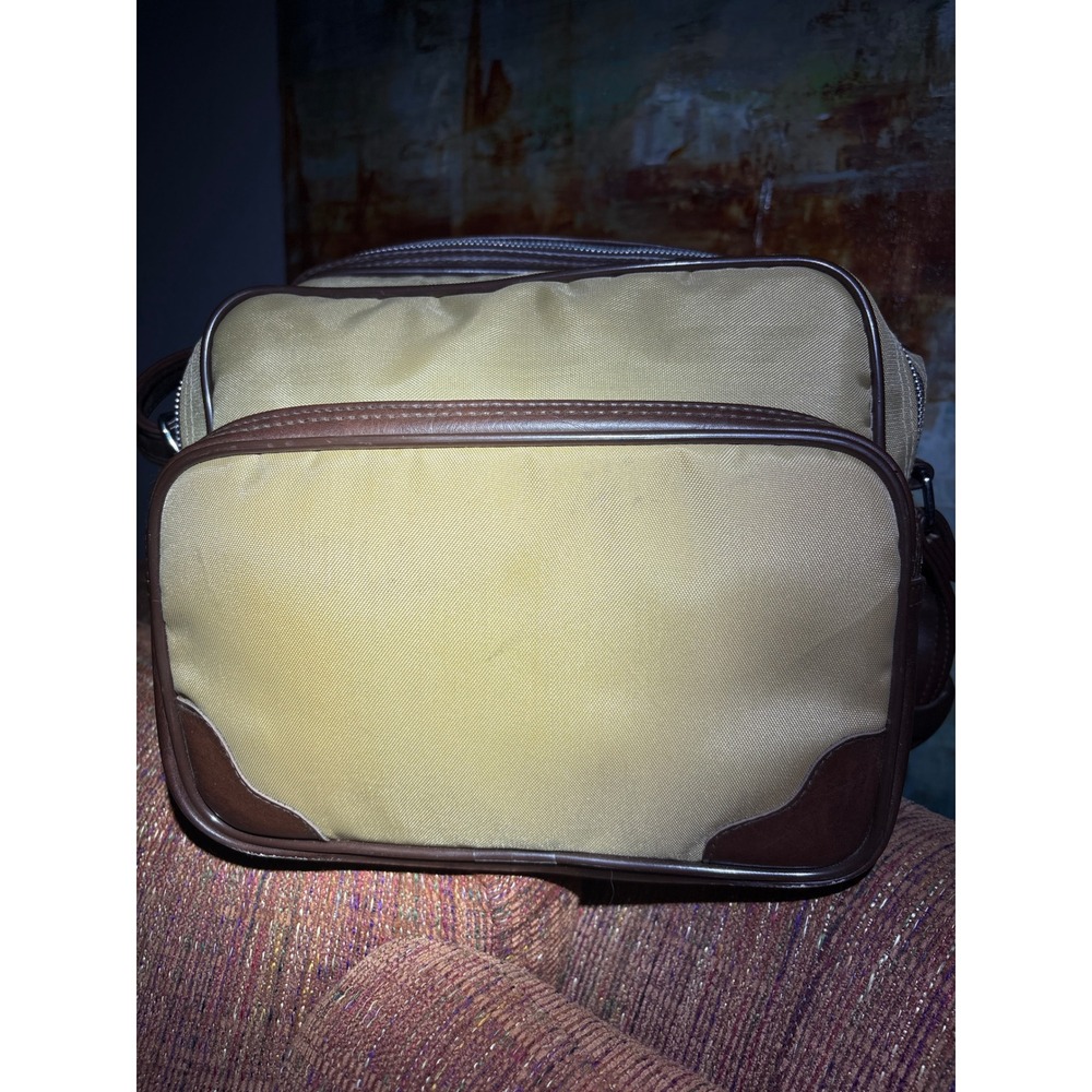 Vintage Tan Nylon Brown Faux Leather Trim Crossbody Camera Travel Bag Utility